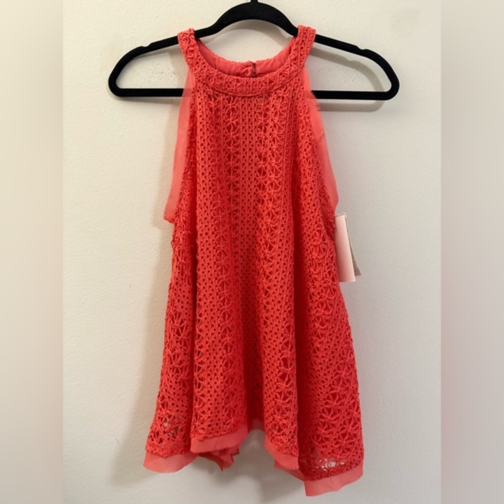 NWT Moon River Crochet Flutter Back Halter Top in Bright Coral - S‎